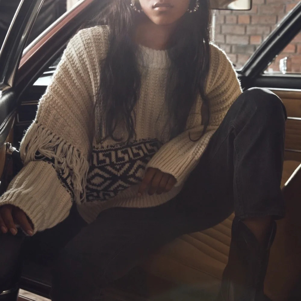 H&M White Black Wool Mix Fringe Trimmed Jacquard  Knit Jumper size L